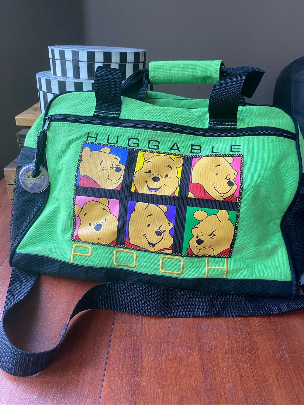 VINTAGE Disney Winnie the Pooh Green Duffel Travel Bag Huggable Pooh Carry Strap